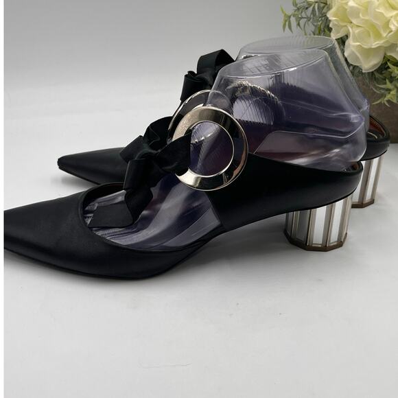 Proenza Schouler Black Leather Grommet Tie Block Mirrored Mules Heel Sz 41/10 - Picture 4 of 12